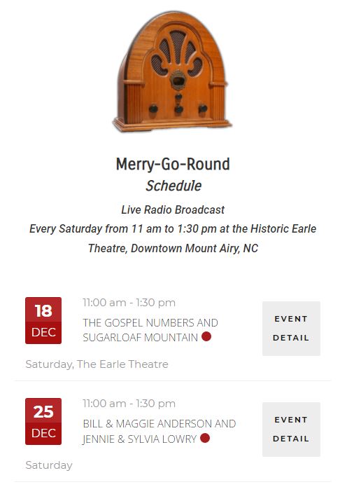 Screenshot showing the Merry-Go-Round event calendar schedule from the WPAQ 740 website.