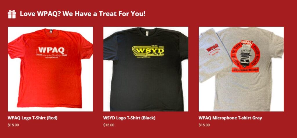 Screenshot showing the t-shirt store on the WPAQ website.